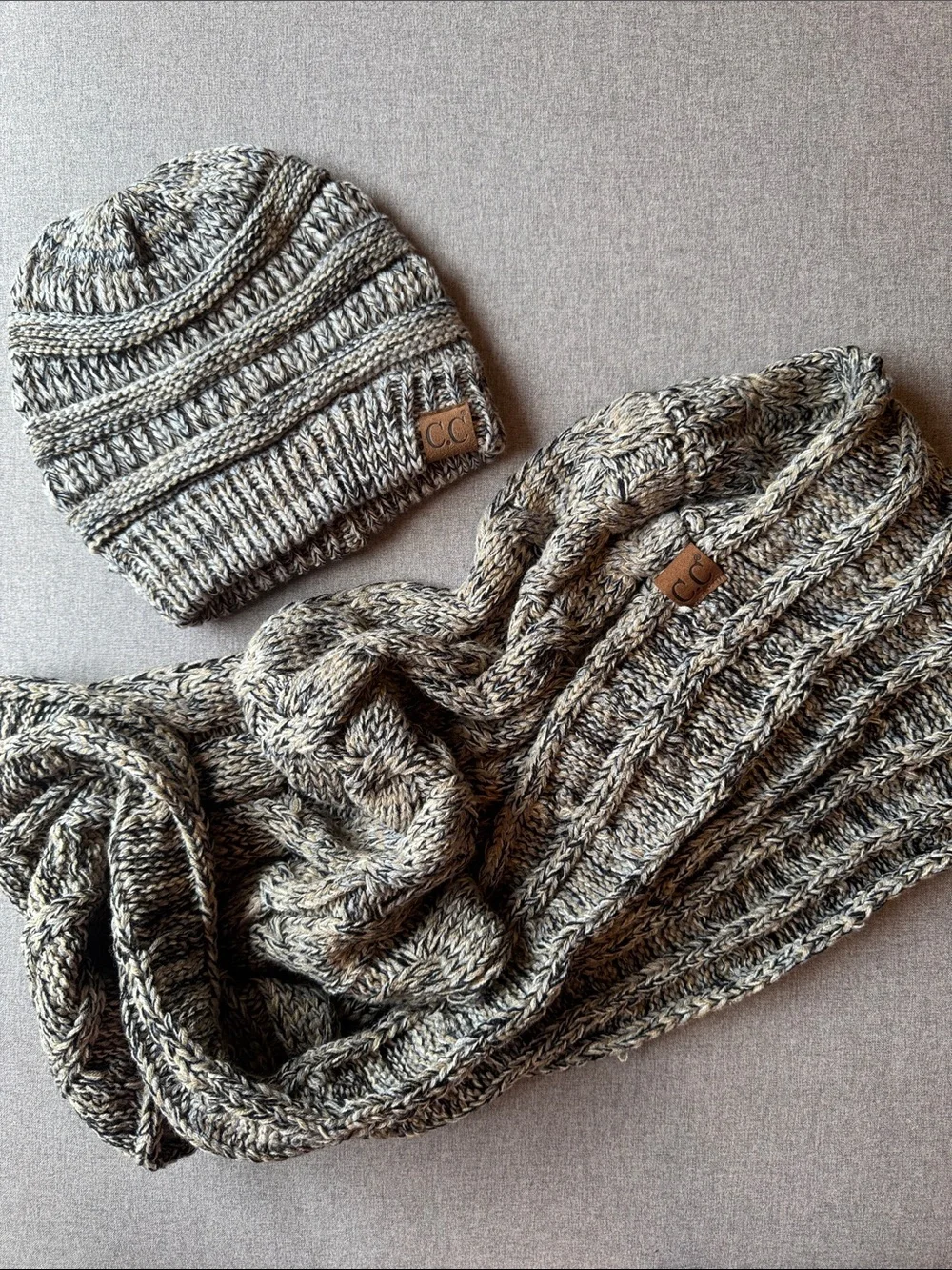 CC Beige and Black Knit Scarf and Beanie Set